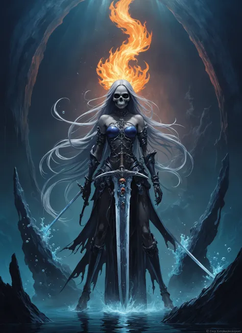 a woman with a sword and a flame in her hand