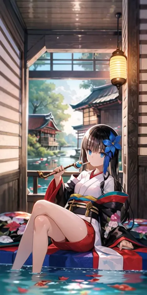 1girl, black hair, blue eyes, breasts, fish, floral print, flower, full body, hair between eyes, hair flower, hair ornament, holding, holding smoking pipe, hookah, indoors, japanese clothes, looking at viewer,obi, plant, reclining, sash, scenery, small bre...