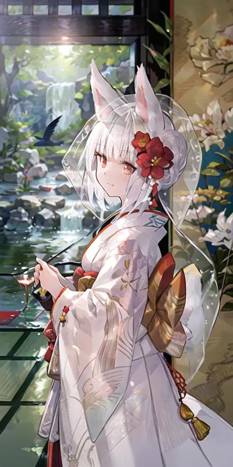 anime girl in white dress with red flowers and a bird