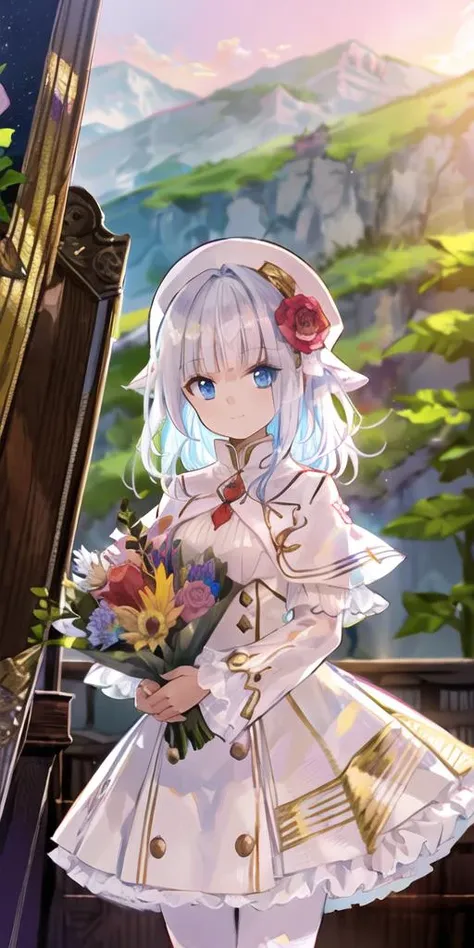 a girl in a white dress and hat holding flowers