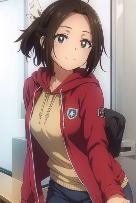 hikarihazakura, <lora:hikari hazakura s1-lora-nochekaiser:1>,
hikari hazakura, black hair, (brown eyes:1.3), hair ribbon, dark skin, dark-skinned female, smile,
BREAK jacket, pants, hood, hoodie, (red jacket:1.3),
BREAK indoors, classroom,
BREAK looking at...