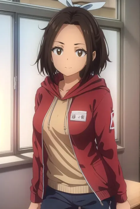 hikarihazakura, <lora:hikari hazakura s1-lora-nochekaiser:1>,
hikari hazakura, black hair, (brown eyes:1.3), hair ribbon, dark skin, dark-skinned female, smile,
BREAK jacket, pants, hood, hoodie, (red jacket:1.3),
BREAK indoors, classroom,
BREAK looking at...