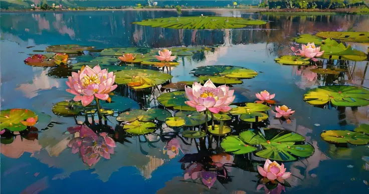 painting of a pond with water lillies and trees in the background