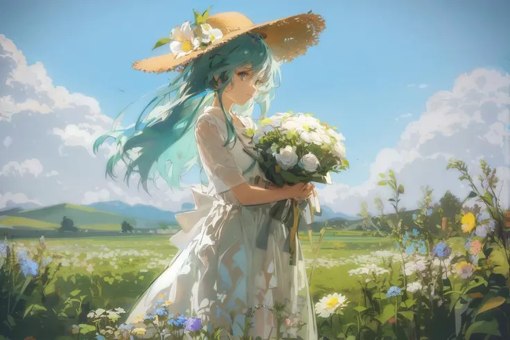 anime girl with blue hair and a straw hat holding a bouquet of flowers