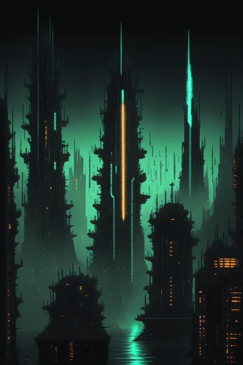 (( Submerged cityscape, waterlogged buildings adorned with bioluminescent growths, a haunting fusion of technology and nature. )),sci-fi_pixels, pixel art