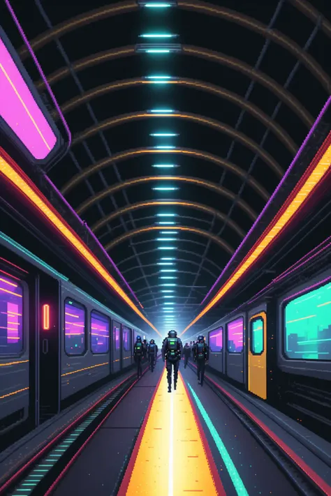 (( Subway escape, a high-speed train hurtling through subterranean tunnels, illuminated by streaks of neon as passengers hold on tight. )),sci-fi_pixels, pixel art