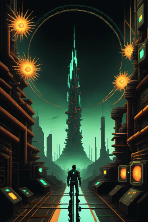 (( a man standing in front of a giant tower )),sci-fi_pixels, pixel art