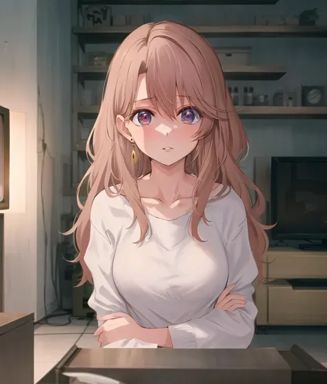 anime girl with long hair and purple eyes standing in a kitchen