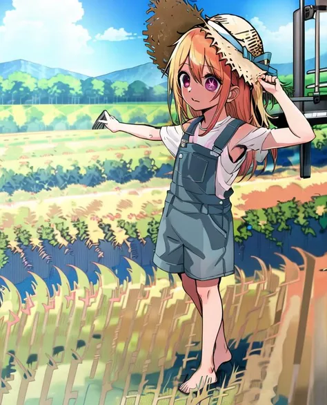 anime girl in a straw hat and overalls standing in a field