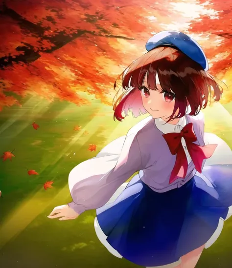 anime girl in a blue dress and a hat is walking in the grass