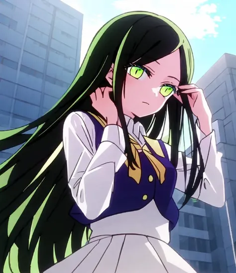 anime girl with long black hair and green eyes in a city