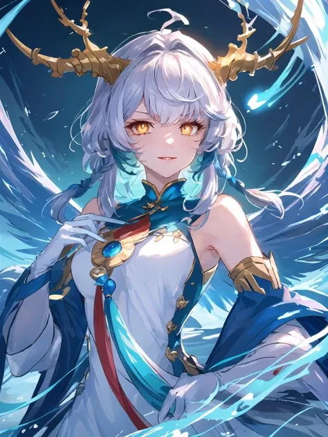 a woman with white hair and horns in a blue dress