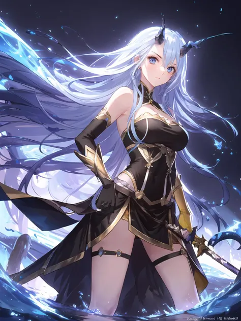 a woman with long white hair and a sword in her hand