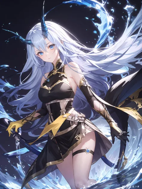 a woman in a black dress with long white hair and a sword