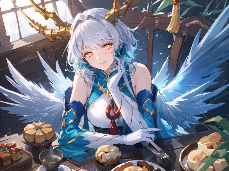 anime - style image of a woman sitting at a table with food