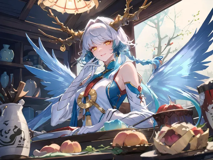 anime girl with blue wings sitting at a table with apples