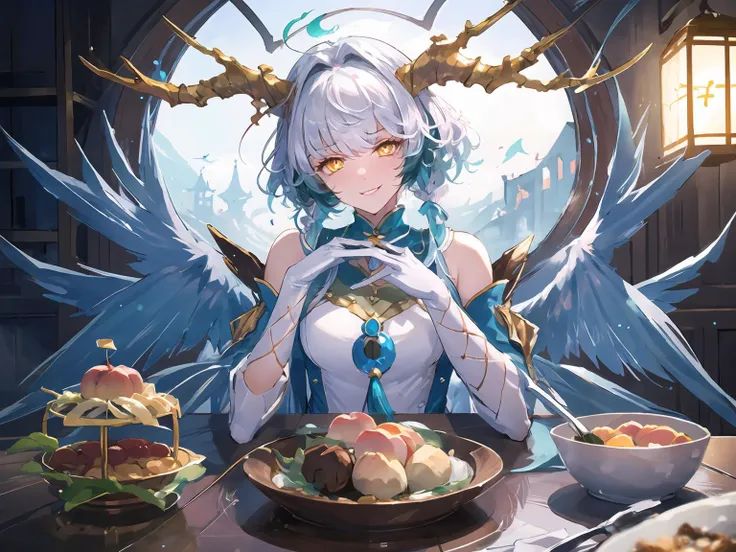 anime girl sitting at a table with a plate of food