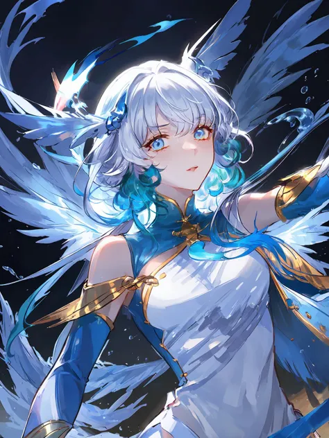 anime girl with blue hair and white wings in a white dress