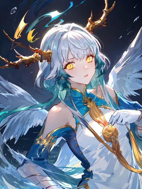 anime girl with blue hair and wings holding a bow