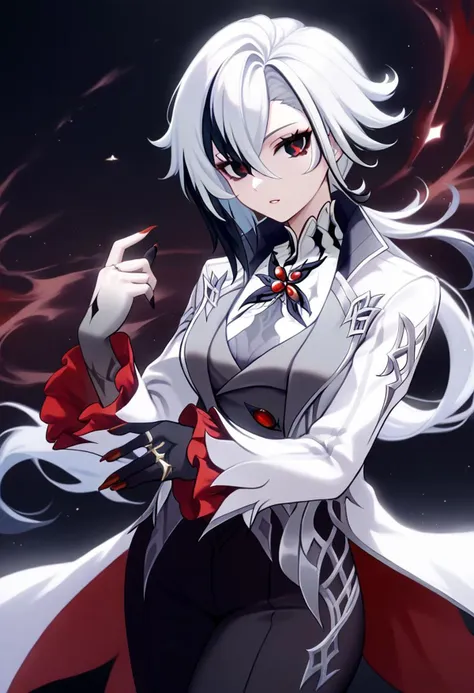 anime girl with white hair and red cape holding a cigarette