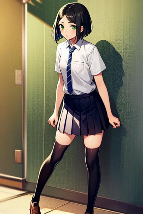 anime girl in school uniform posing in front of a green wall