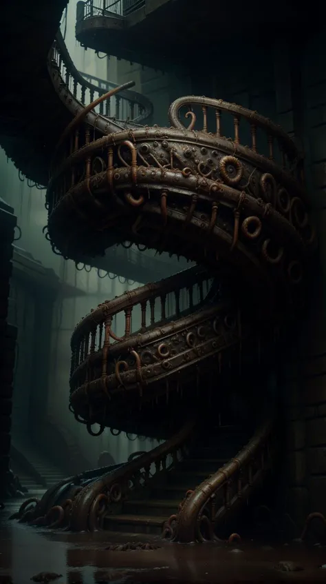 <lora:DavyJonesLockerStyle:1>DavyJonesLockerStyle a DNA helix intertwined with a winding stairway, steampunk, wet, dripping, tentacle, (Masterpiece:1.3) (best quality:1.2) (high quality:1.1)