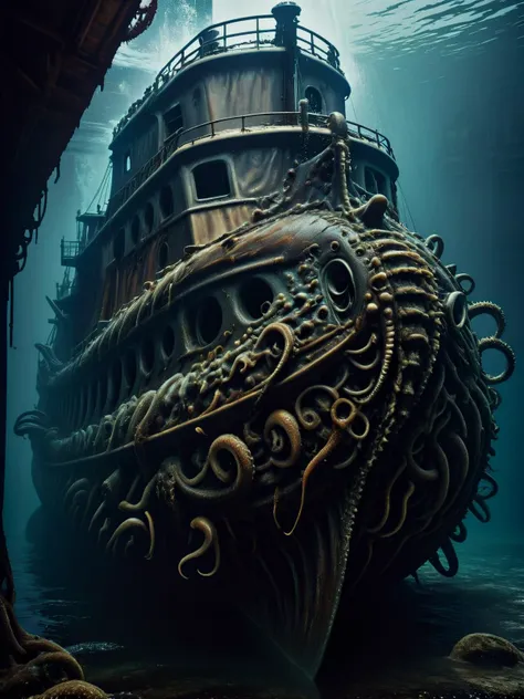 DavyJonesLockerStyle mechanical kraken, its tentacles intertwined with remnants of a ships wheel and figurehead, as it claims another vessel for the depths <lora:DavyJonesLockerStyleXL:1> <lora:EnvyBetterHiresFixXL01:0:hr=1>