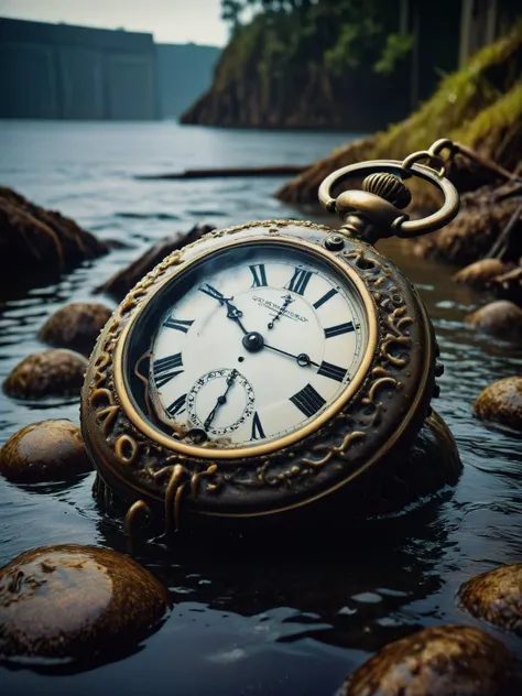 DavyJonesLockerStyle antique pocket watch still ticking, suspended in water, marking the time of a bygone era amongst the wreckage <lora:DavyJonesLockerStyleXL:1> <lora:EnvyBetterHiresFixXL01:0:hr=1>