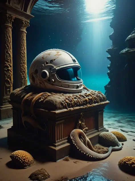 DavyJonesLockerStyle astronaut helmet, a juxtaposition of space and sea, resting on an ancient altar surrounded by curious dolphins and mermaids <lora:DavyJonesLockerStyleXL:1> <lora:EnvyBetterHiresFixXL01:0:hr=1>