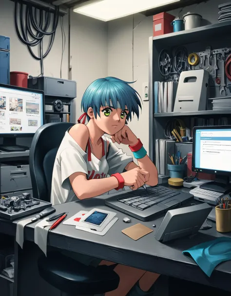 anime boy sitting at a desk with a computer and a keyboard