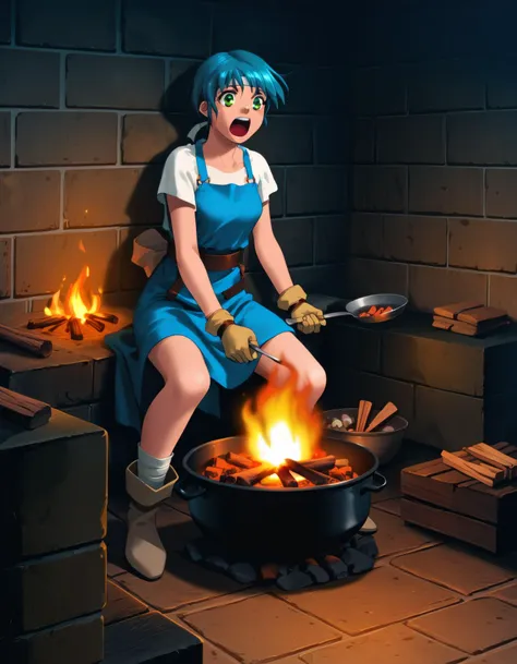 anime girl cooking food in a pot on a fire pit