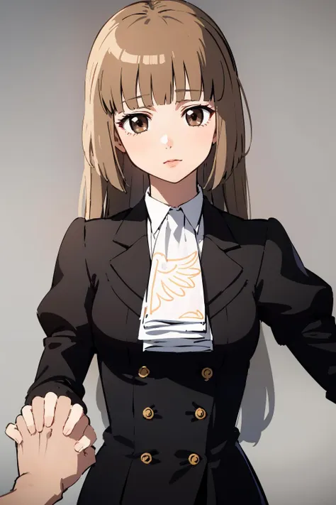 anime girl in a black suit and tie holding her hands