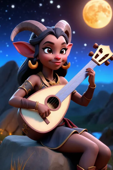 3D Model of a tiefling girl sitting on a rock playing the lute, shy smile, looking at viewer, (beautiful eyes:1.2), (shy:1.1), nightsky, stars, big moon, horns, (detailed skin, realistic texture:1.4), particles, masterpiece, 8k, vibrant colors, colorful, <...