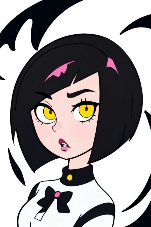 kawaii cute goth girl in a cartoon style, 1girl,solo, upper body, looking at viewer, white background, bob cut, short hair, black hair, makeup, parted lips, eyeliner, yellow blowing cat eyes