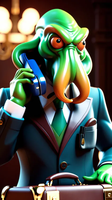 (best quality, masterpiece, octane render, highly detailed, volumetric, dramatic lighting:1.3), professional 3d model of Cthulhu wearing a business suit talking on the phone and holding a briefcase, cartoon style