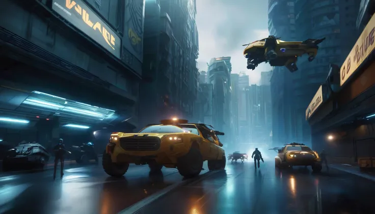 a (wide cinematic action scifi scene) of a car chase through the downtown metro city streets.
AND a cybernetic van drifting around a corner with terrorist shooting back with guns and rockets, against the police and their air support from high tech drones.
...