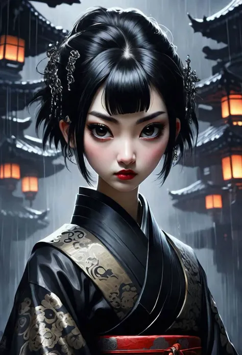 japanese brush painting, brush painting, dark fantasy style, gothic style, ((masterpiece, best quality)), 1girl, goth, black lipstick, very short black hair, messy hair, intricate design, intricate embroidery, silver ornaments, disgust, contempt, authority...