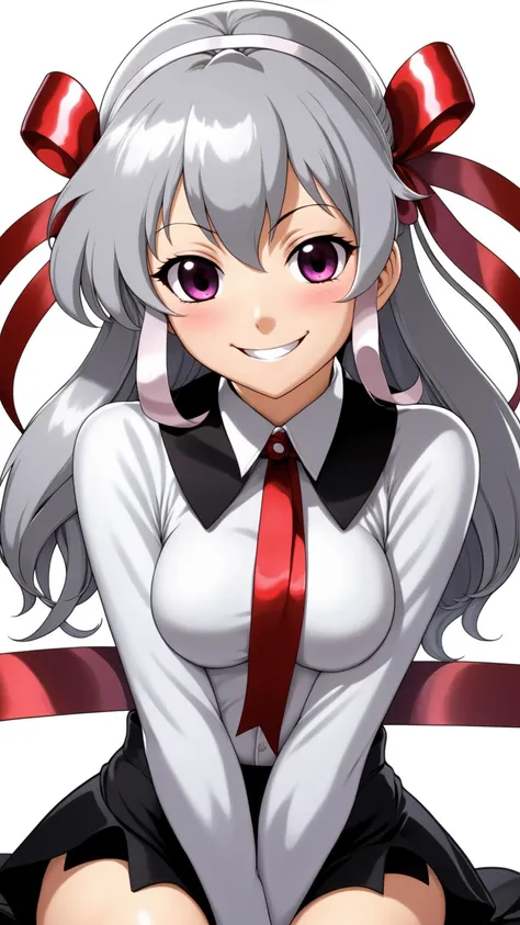 masterpiece, best quality, 1girl, silver hair, from below, sitting, hair ribbon, evil smile, half-opened eyes, hentai, cartoon style