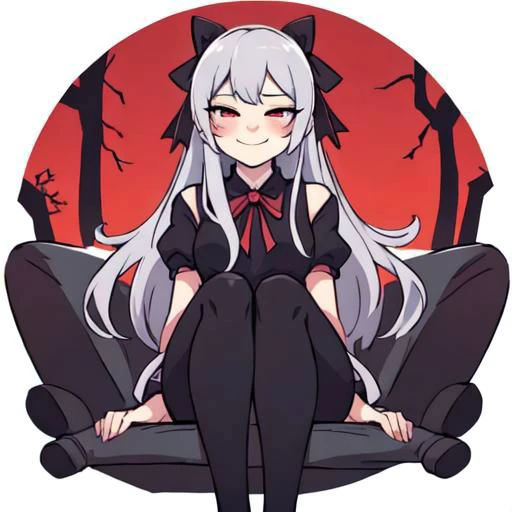 masterpiece, best quality, 1girl, silver hair, from below, sitting, hair ribbon, evil smile, half-opened eyes, hentai, cartoon style