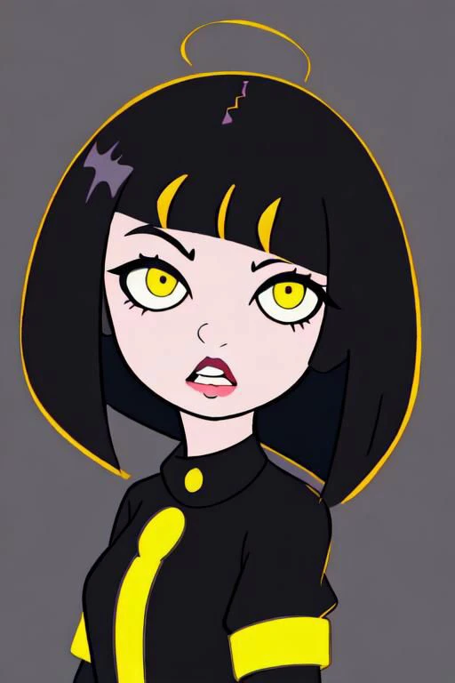 kawaii cute goth girl in a cartoon style, 1girl,solo, upper body, looking at viewer, bob cut, short hair, black hair, makeup, parted lips, eyeliner, yellow glowing canine eyes