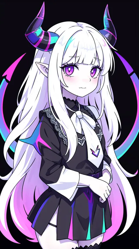 pale demon girl, prismatic coloring, holographic vibe, chromatic black lace blouse, gothic background, (long straight horns:1.2)