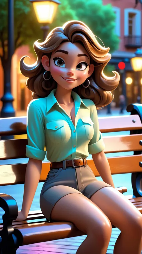 1girl, hands up, western cartoon style, sitting, light smile, collared shirt, (pussy), (pubic hair), spread legs, park bench, facing viewer, nsfw, outdoors, water drop on skin, wet hair, photorealistic, lifelike rendering, (depth of field:1.2), bokeh, (fil...