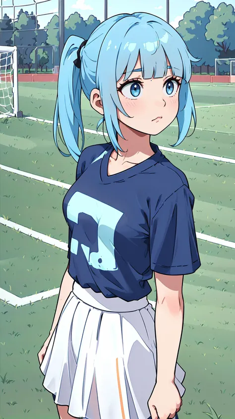 (best quality, masterpiece:1.1), upper body, (1female), confused face, blue hair, medium hair, blunt bangs, uneven twin tails, casual fashion, (young fashion), (t-shirts), (long white skirt), (grass, Goal post, soccer, daylight, outdoor soccer field, a lar...