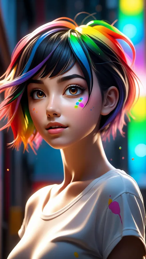 "cinematic photo crazy insane, high energy, magic, hyper realistic, detailed and realistic portrait of a woman, cartoon style, round eyes and short messy hair shot outside, wearing a white t shirt, skin texture, chapped lips, soft natural lighting, portrai...