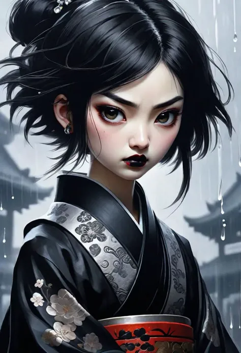 japanese brush painting, brush painting, dark fantasy style, gothic style, ((masterpiece, best quality)), 1girl, goth, black lipstick, very short black hair, messy hair, intricate design, intricate embroidery, silver ornaments, disgust, contempt, authority...