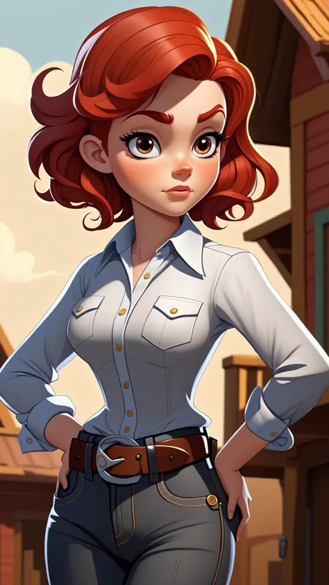 masterpiece, best quality, 1girl, red hair,  wavy hair, very short hair, collared shirt,  hands on hips,  head tilt, detailed cartoon style, western cartoon style