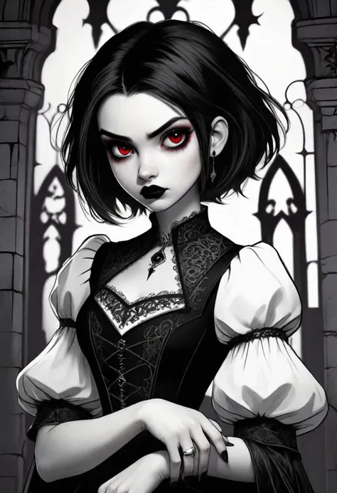 lineart, line art, dark fantasy style, gothic style, ((masterpiece, best quality)), 1girl, goth, black lipstick, dark red eyes, very short black hair, messy hair, intricate embroidery, disgust, contempt, authority, upper body, from below, angle, tilted hea...