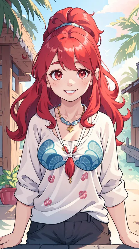 (masterpiece, best quality), 1girl, collarbone, wavy hair, looking at viewer, blurry foreground, upper body, necklace, contemporary, plain pants, ((intricate, print, pattern)), ponytail, freckles, red hair, dappled sunlight, smile, happy