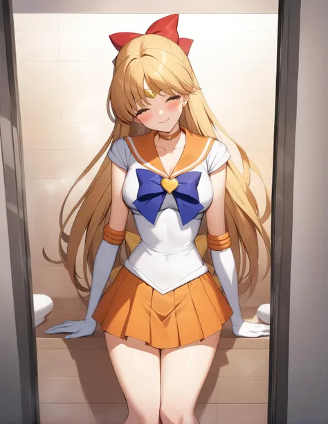 sailor girl in a short skirt and a red bow standing in a bathroom