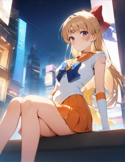 anime girl sitting on ledge in city at night